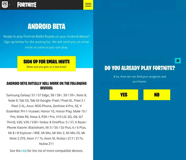 Fortnite For Android Already Available On Some Smartphones - pressing this button will ask us if we have played fortnite before if we answer yes it will guide us thro!   ugh a simple authentication process